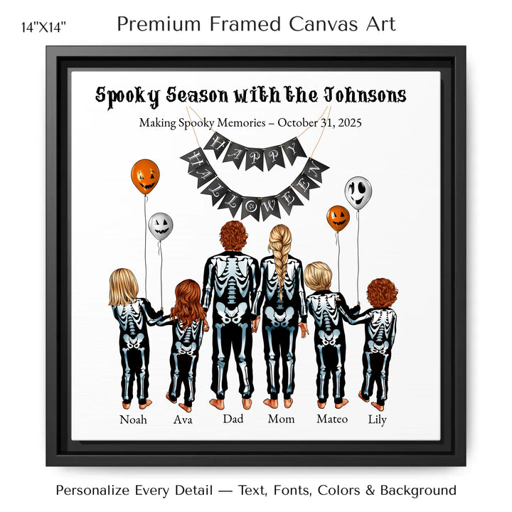 Custom Halloween family portrait wall art featuring parents and kids in skeleton costumes with balloons and Happy Halloween banner - 14x14 framed canvas-ARTFULANE