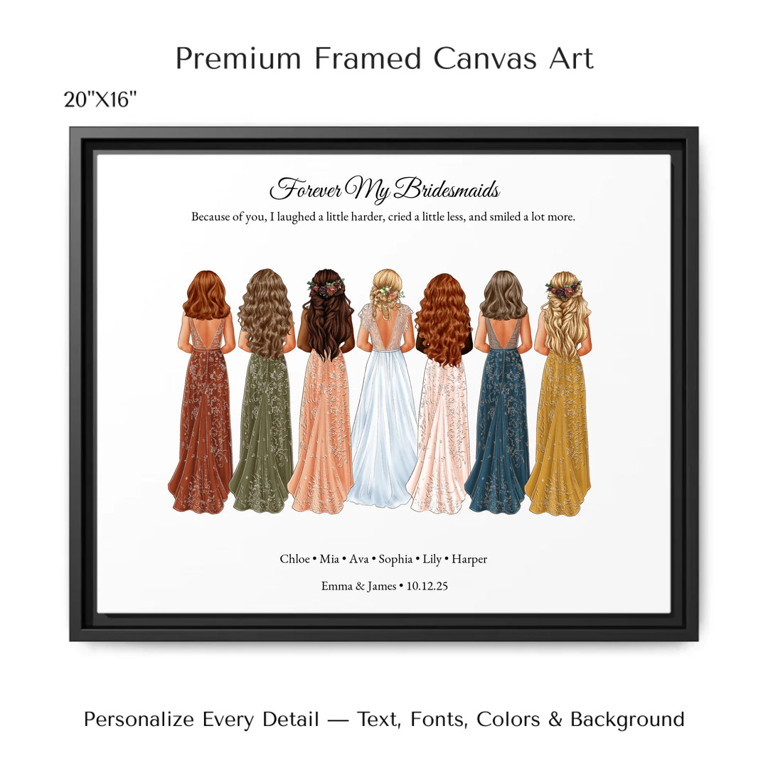 Custom bridesmaid wall art featuring bride with 6 bridesmaids in elegant dresses – personalized names and wedding date included -20x16 framed canvas-ARTFULANE