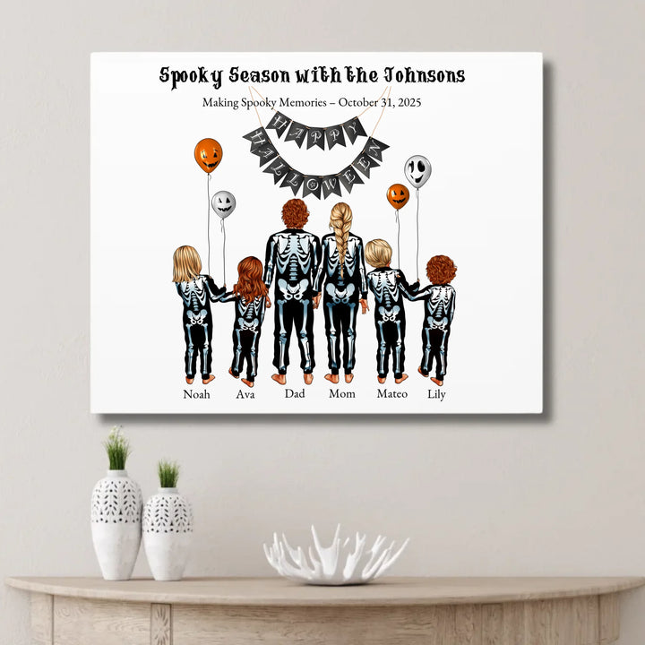Custom Halloween family portrait wall art featuring parents and kids in skeleton costumes with balloons and Happy Halloween banner - unframed canvas on wall-ARTFULANE