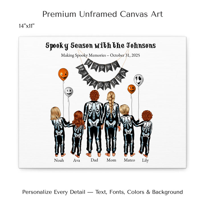 Custom Halloween family portrait wall art featuring parents and kids in skeleton costumes with balloons and Happy Halloween banner -  14x11 stretched canvas-ARTFULANE