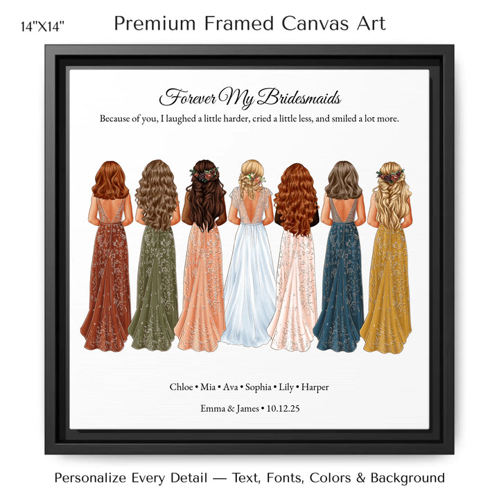 Custom bridesmaid wall art featuring bride with 6 bridesmaids in elegant dresses – personalized names and wedding date included - 14x14 framed canvas-ARTFULANE