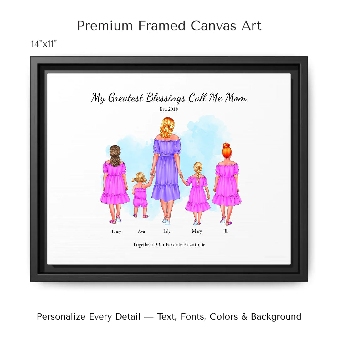 Illustrated custom portrait of mom with 1 to 4 daughters, personalized skin tones and outfits, watercolor background -14x11 framed canvas-ARTFULANE