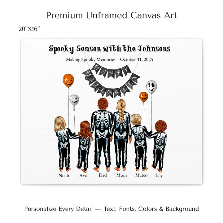 Custom Halloween family portrait wall art featuring parents and kids in skeleton costumes with balloons and Happy Halloween banner -  20x16 stretched canvas-ARTFULANE