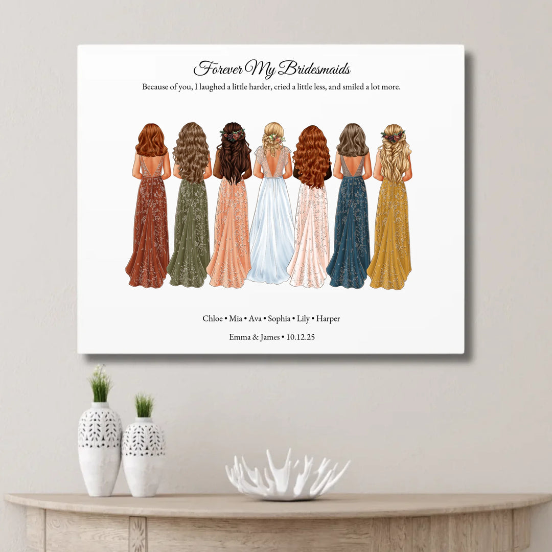 Custom bridesmaid wall art featuring bride with 6 bridesmaids in elegant dresses – personalized names and wedding date included - unframed canvas on wall-ARTFULANE