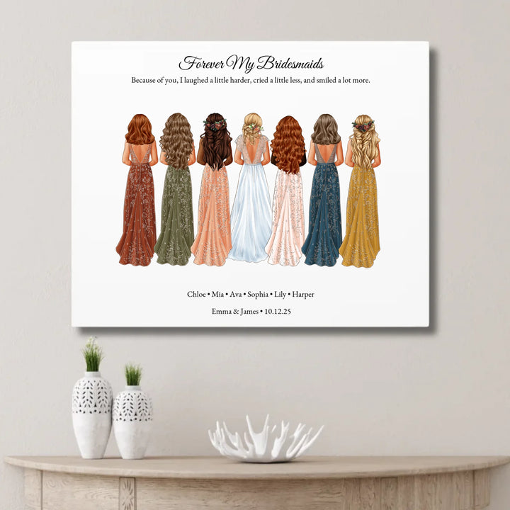 Custom bridesmaid wall art featuring bride with 6 bridesmaids in elegant dresses – personalized names and wedding date included - unframed canvas on wall-ARTFULANE