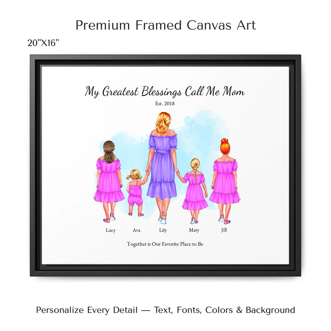 Illustrated custom portrait of mom with 1 to 4 daughters, personalized skin tones and outfits, watercolor background -20x16 framed canvas-ARTFULANE