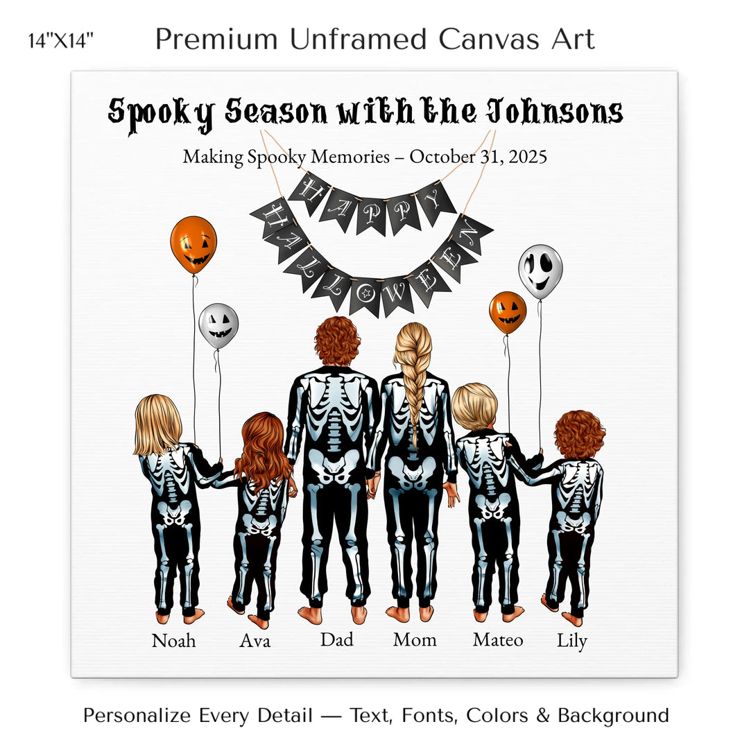 Custom Halloween family portrait wall art featuring parents and kids in skeleton costumes with balloons and Happy Halloween banner - 14x14 stretched canvas-ARTFULANE