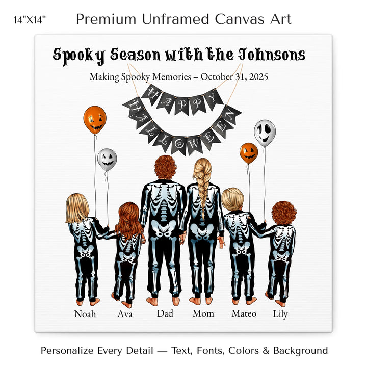 Custom Halloween family portrait wall art featuring parents and kids in skeleton costumes with balloons and Happy Halloween banner - 14x14 stretched canvas-ARTFULANE