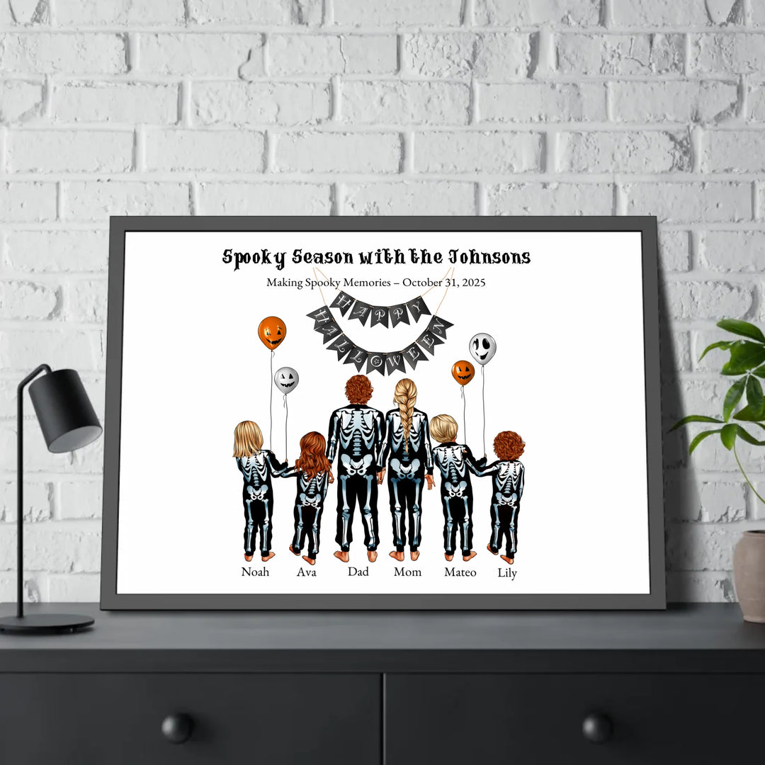 Custom Halloween family portrait wall art featuring parents and kids in skeleton costumes with balloons and Happy Halloween banner - framed poster on table-ARTFULANE