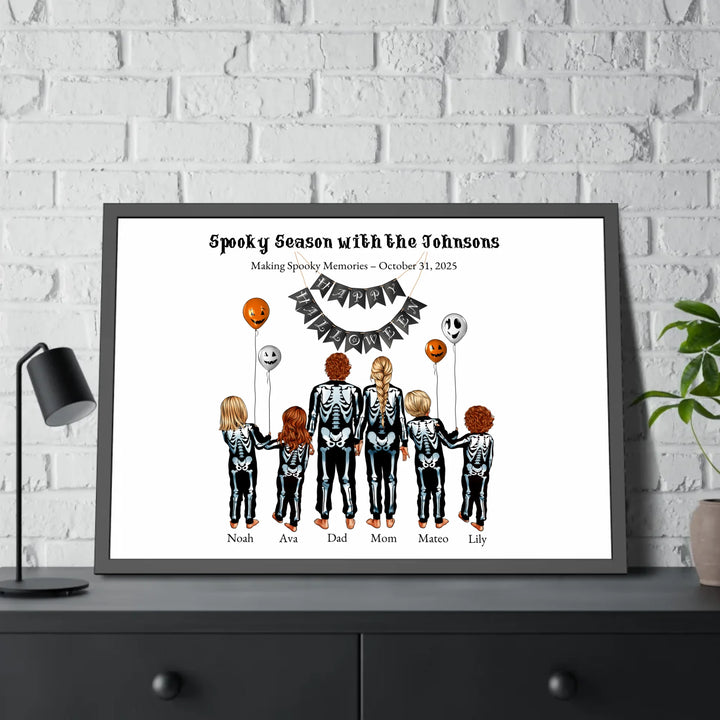 Custom Halloween family portrait wall art featuring parents and kids in skeleton costumes with balloons and Happy Halloween banner - framed poster on table-ARTFULANE
