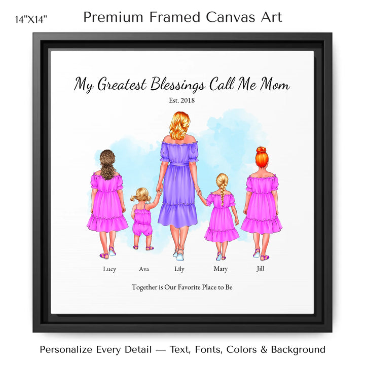 Illustrated custom portrait of mom with 1 to 4 daughters, personalized skin tones and outfits, watercolor background - 14x14 framed canvas-ARTFULANE
