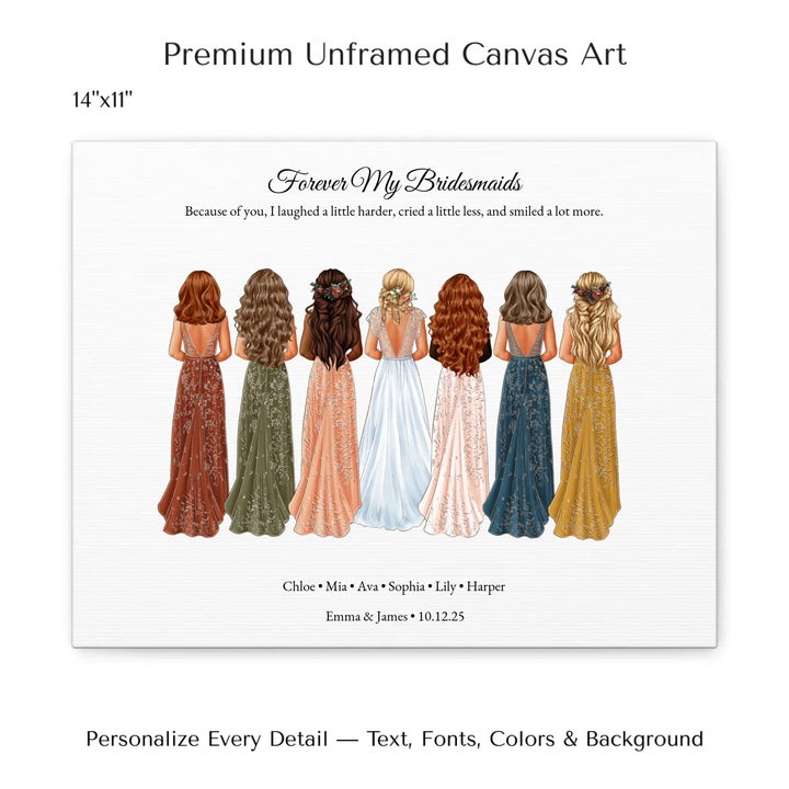 Custom bridesmaid wall art featuring bride with 6 bridesmaids in elegant dresses – personalized names and wedding date included -14x11 stretched canvas-ARTFULANE