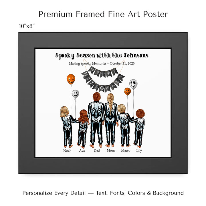 Custom Halloween family portrait wall art featuring parents and kids in skeleton costumes with balloons and Happy Halloween banner -  10x8 framed poster-ARTFULANE