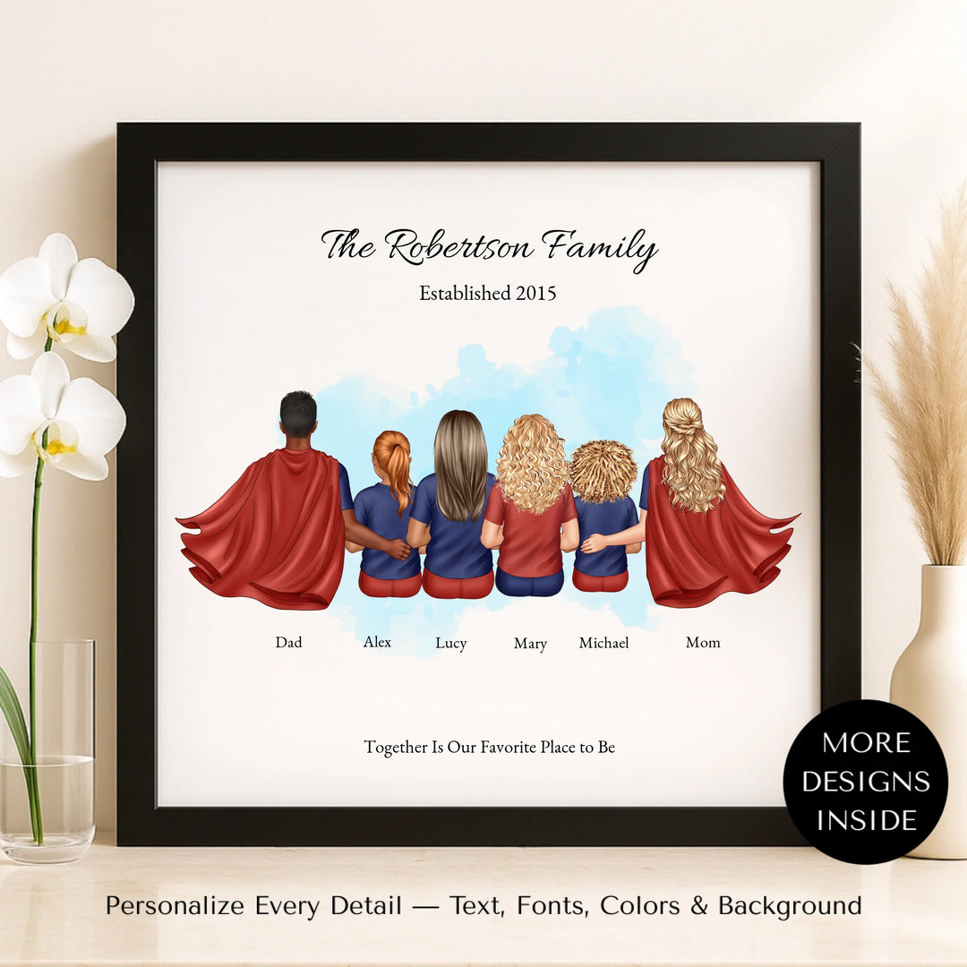 Illustrated superhero family portrait with 1 to 4 children, personalized outfits, skin tones, and watercolor background – custom wall art gift -framed canvas on shelf-ARTFULANE