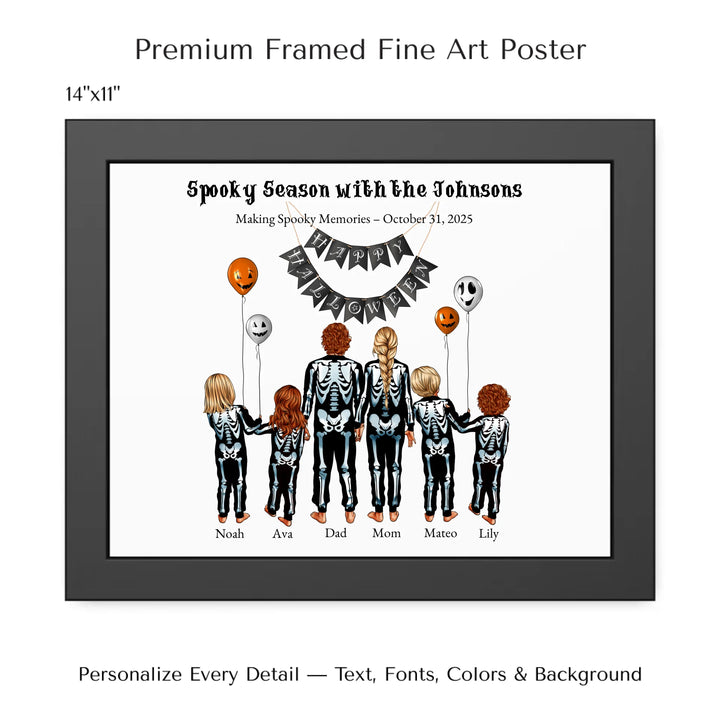 Custom Halloween family portrait wall art featuring parents and kids in skeleton costumes with balloons and Happy Halloween banner - 14x11 framed poster-ARTFULANE