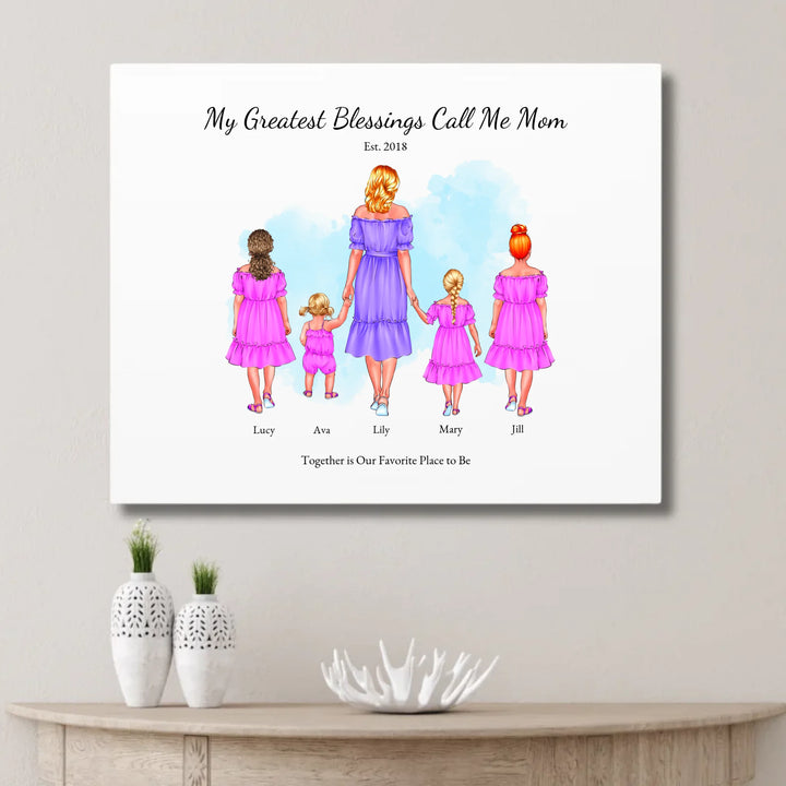 Illustrated custom portrait of mom with 1 to 4 daughters, personalized skin tones and outfits, watercolor background - unframed canvas on wall-ARTFULANE