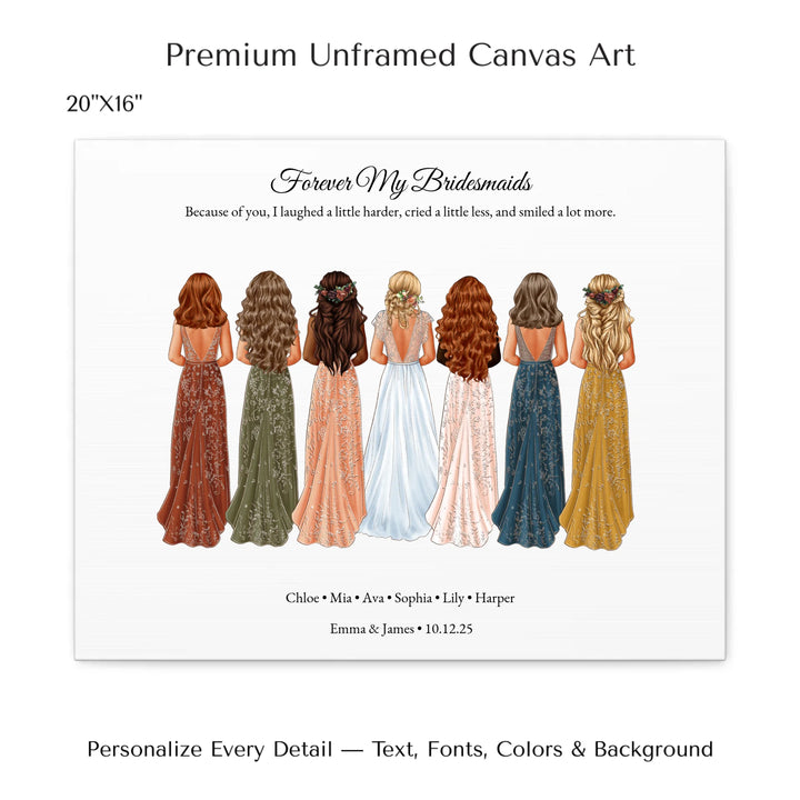 Custom bridesmaid wall art featuring bride with 6 bridesmaids in elegant dresses – personalized names and wedding date included - 20x16 stretched canvas-ARTFULANE