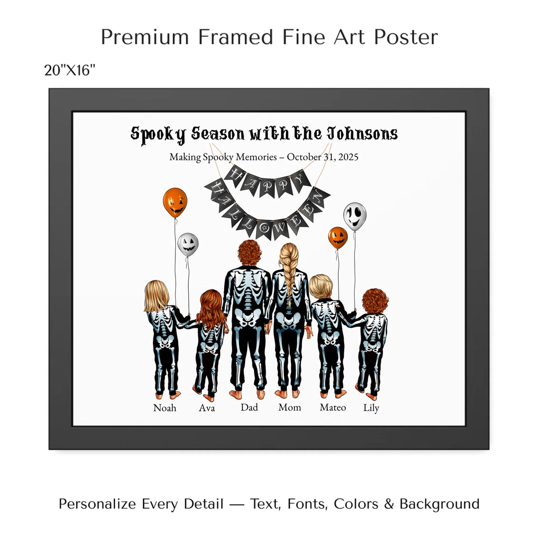 Custom Halloween family portrait wall art featuring parents and kids in skeleton costumes with balloons and Happy Halloween banner - 20x16 framed poster-ARTFULANE