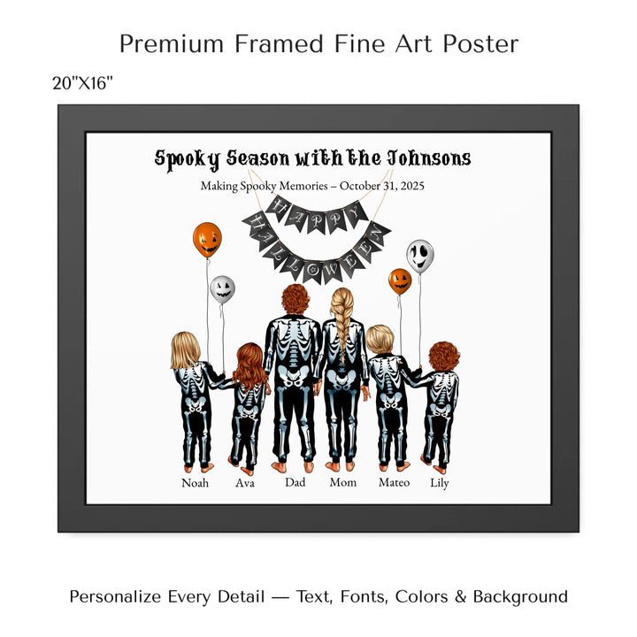 Custom Halloween family portrait wall art featuring parents and kids in skeleton costumes with balloons and Happy Halloween banner - 20x16 framed poster-ARTFULANE