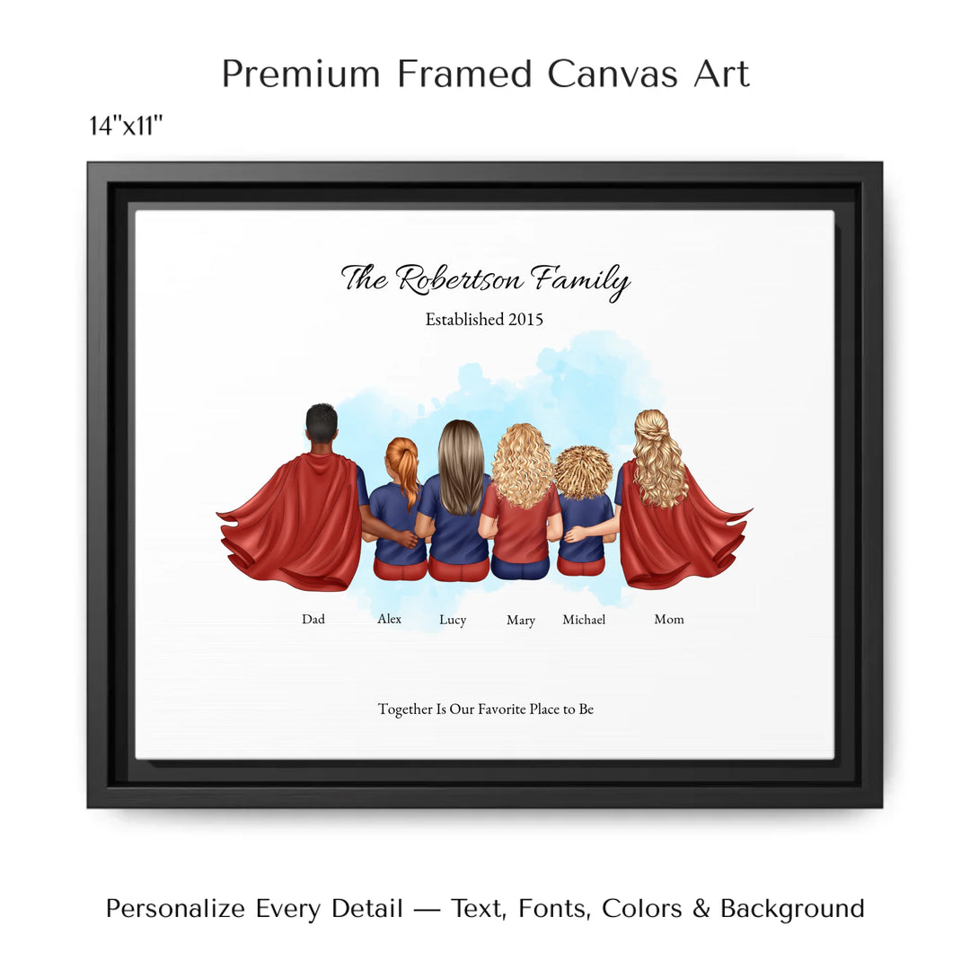 Illustrated superhero family portrait with 1 to 4 children, personalized outfits, skin tones, and watercolor background – custom wall art gift -14x11 framed canvas-ARTFULANE