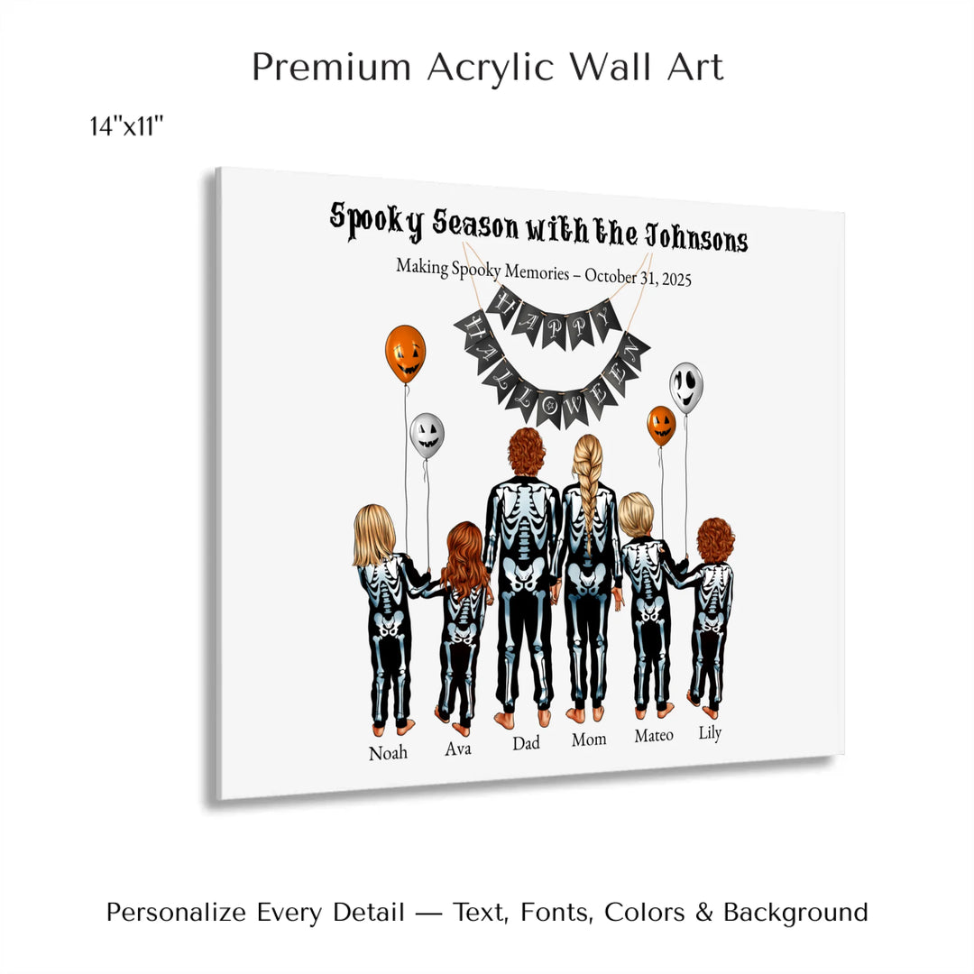 Custom Halloween family portrait wall art featuring parents and kids in skeleton costumes with balloons and Happy Halloween banner - 14x11 acrylic print with french cleat-ARTFULANE