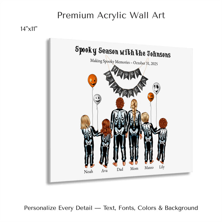 Custom Halloween family portrait wall art featuring parents and kids in skeleton costumes with balloons and Happy Halloween banner - 14x11 acrylic print with french cleat-ARTFULANE