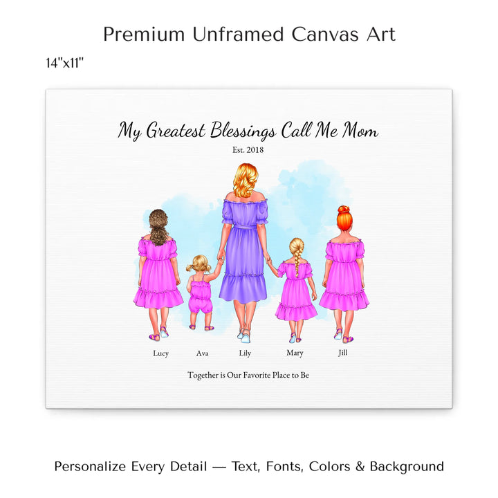 Illustrated custom portrait of mom with 1 to 4 daughters, personalized skin tones and outfits, watercolor background -14x11 stretched canvas-ARTFULANE