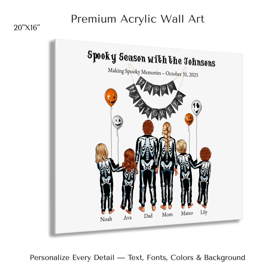 Custom Halloween family portrait wall art featuring parents and kids in skeleton costumes with balloons and Happy Halloween banner - 20x16 acrylic print with french cleat-ARTFULANE