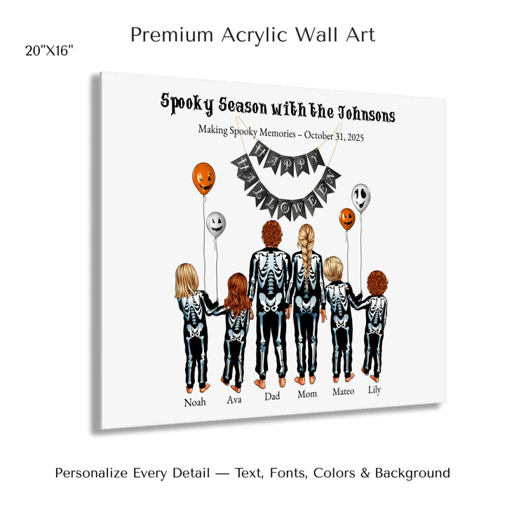 Custom Halloween family portrait wall art featuring parents and kids in skeleton costumes with balloons and Happy Halloween banner - 20x16 acrylic print with french cleat-ARTFULANE