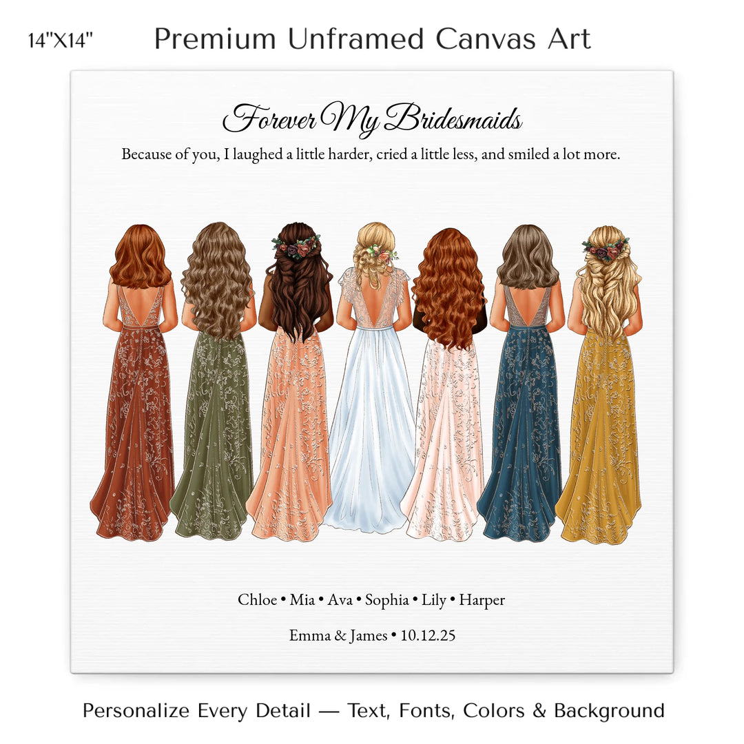 Custom bridesmaid wall art featuring bride with 6 bridesmaids in elegant dresses – personalized names and wedding date included -14x14 stretched canvas-ARTFULANE