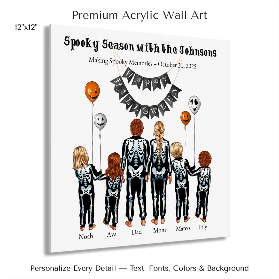 Custom Halloween family portrait wall art featuring parents and kids in skeleton costumes with balloons and Happy Halloween banner - 12x12 acrylic print with french cleat-ARTFULANE