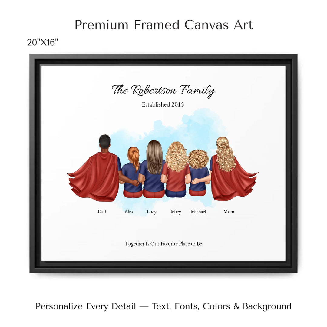 Illustrated superhero family portrait with 1 to 4 children, personalized outfits, skin tones, and watercolor background – custom wall art gift -20x16 framed canvas-ARTFULANE