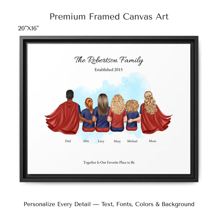 Illustrated superhero family portrait with 1 to 4 children, personalized outfits, skin tones, and watercolor background – custom wall art gift -20x16 framed canvas-ARTFULANE