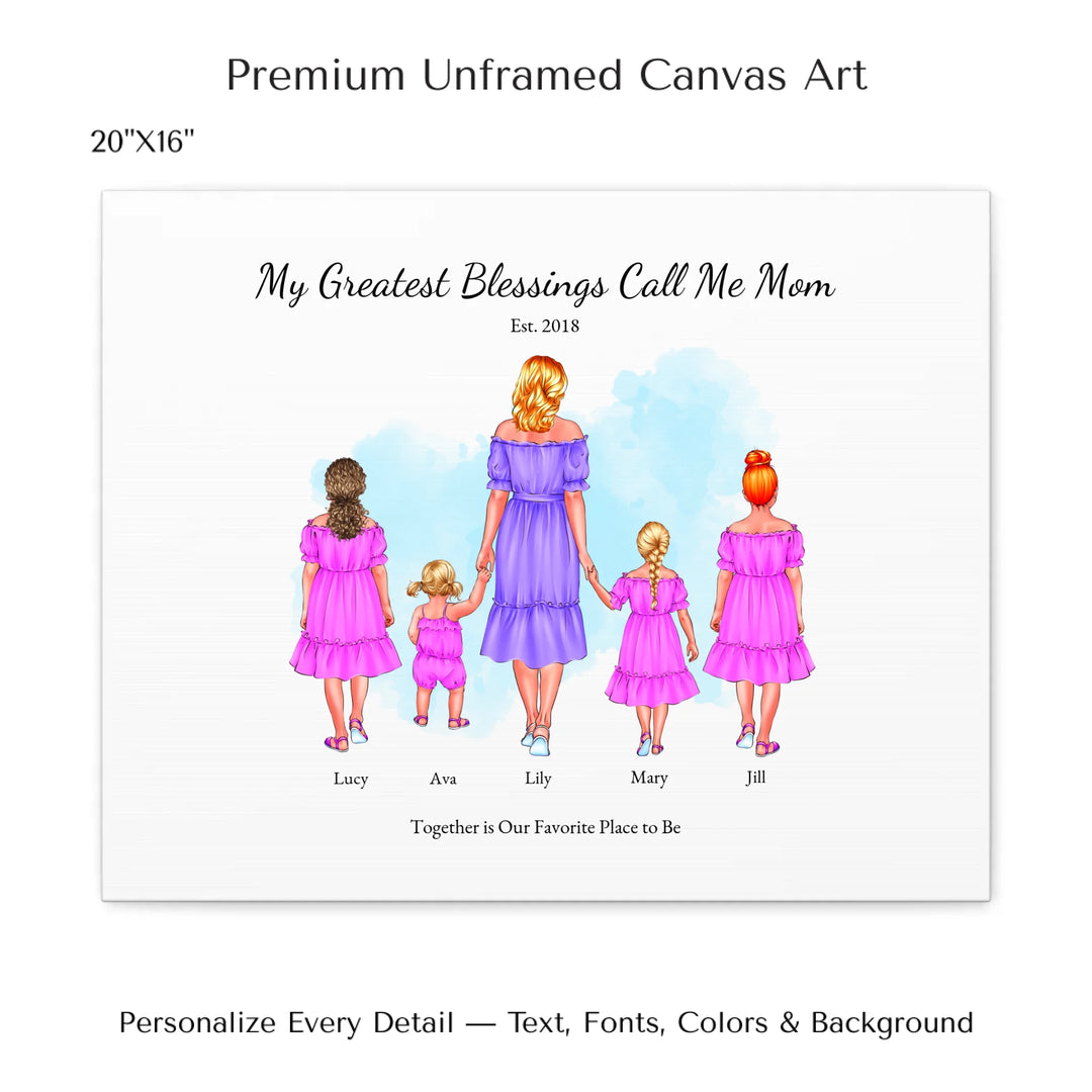 Illustrated custom portrait of mom with 1 to 4 daughters, personalized skin tones and outfits, watercolor background - 20x16 stretched canvas-ARTFULANE