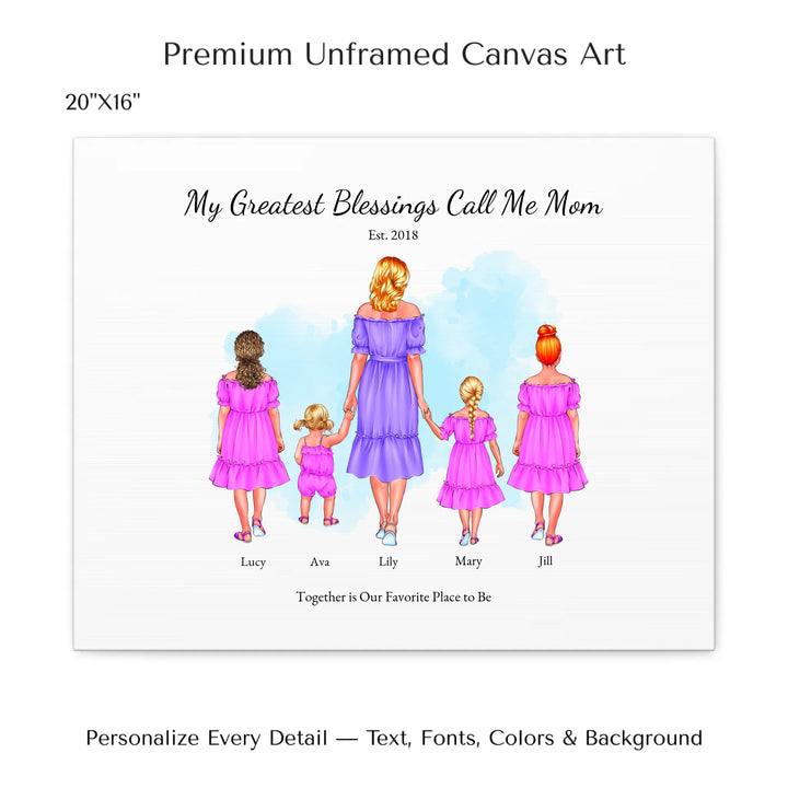 Illustrated custom portrait of mom with 1 to 4 daughters, personalized skin tones and outfits, watercolor background - 20x16 stretched canvas-ARTFULANE