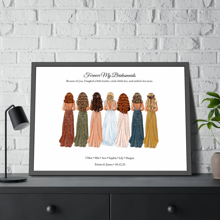 Custom bridesmaid wall art featuring bride with 6 bridesmaids in elegant dresses – personalized names and wedding date included -framed poster on table-ARTFULANE