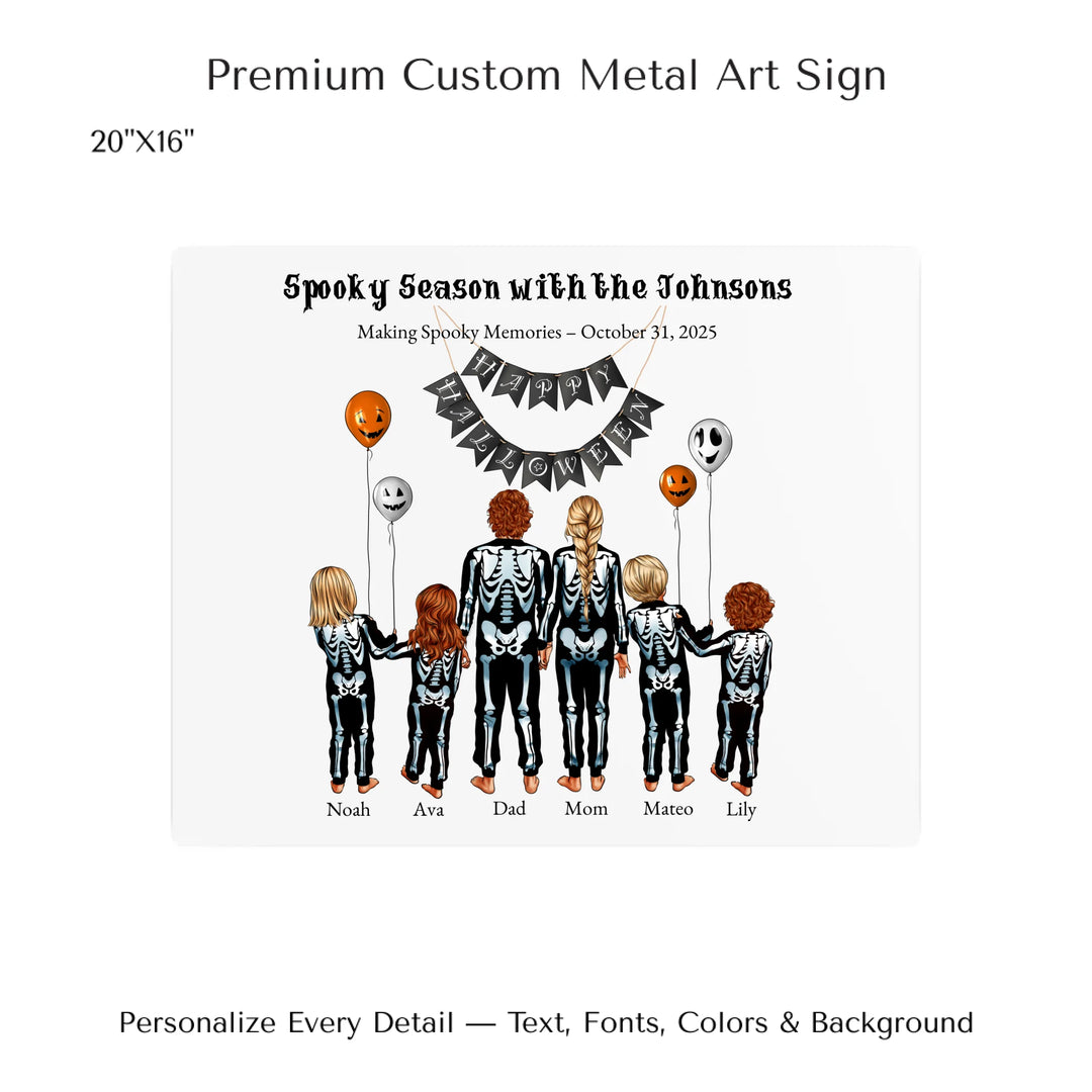 Custom Halloween family portrait wall art featuring parents and kids in skeleton costumes with balloons and Happy Halloween banner - 20x16 metal art sign-ARTFULANE