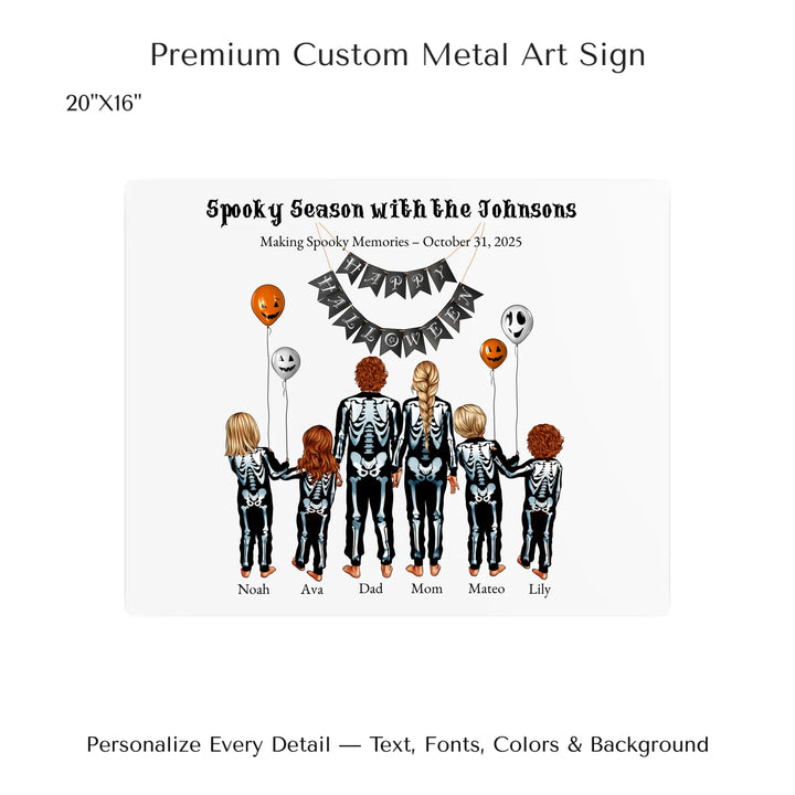 Custom Halloween family portrait wall art featuring parents and kids in skeleton costumes with balloons and Happy Halloween banner - 20x16 metal art sign-ARTFULANE
