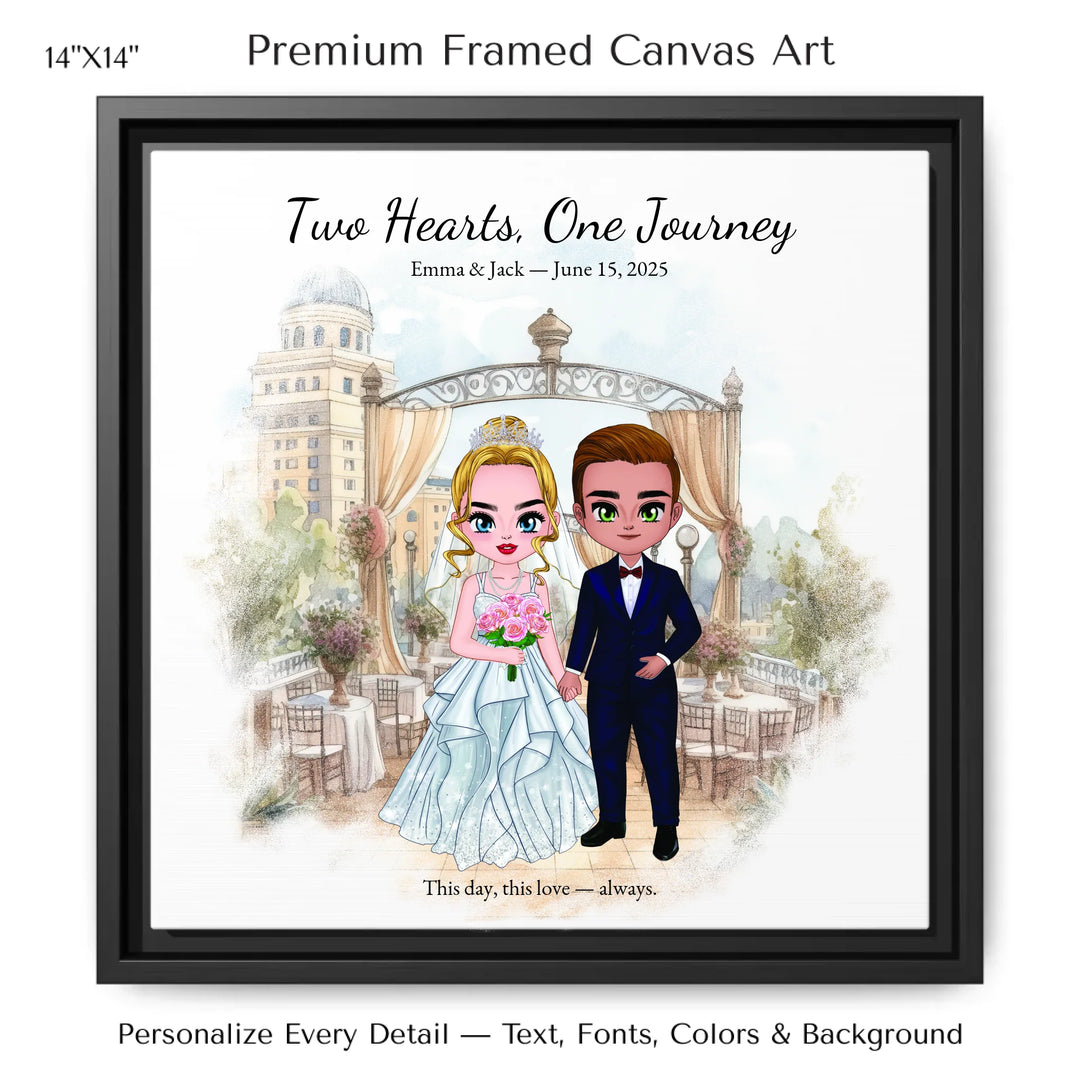 Illustrated custom wedding portrait featuring a bride and groom with personalized outfits, skin tone, and background. Custom names and wedding date - 14x14 framed canvas-ARTFULANE