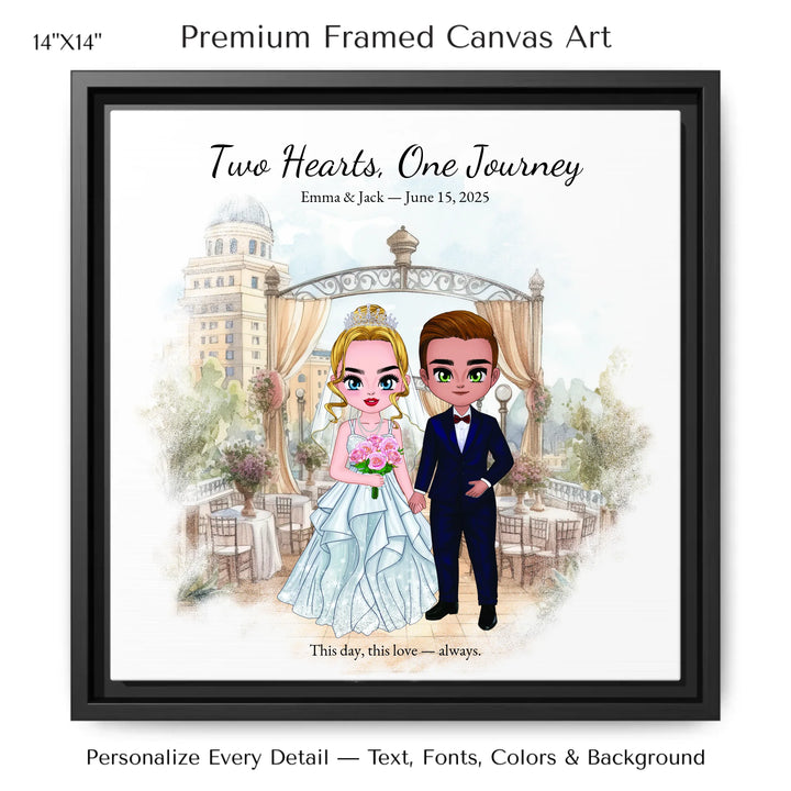 Illustrated custom wedding portrait featuring a bride and groom with personalized outfits, skin tone, and background. Custom names and wedding date - 14x14 framed canvas-ARTFULANE