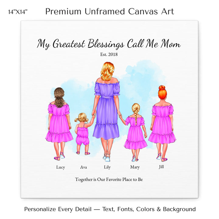 Illustrated custom portrait of mom with 1 to 4 daughters, personalized skin tones and outfits, watercolor background -14x14 stretched canvas-ARTFULANE