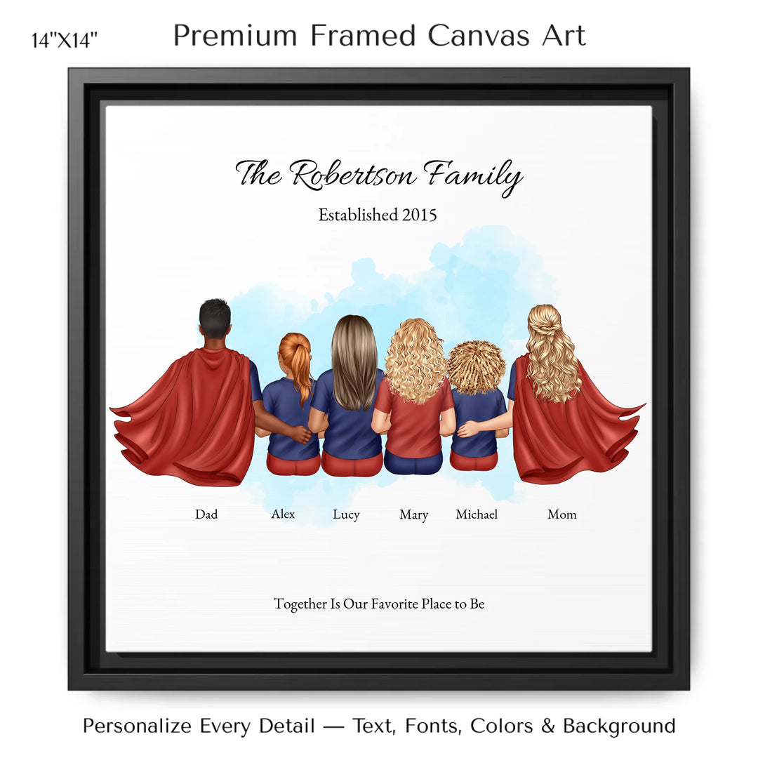 Illustrated superhero family portrait with 1 to 4 children, personalized outfits, skin tones, and watercolor background – custom wall art gift -14x14 framed canvas-ARTFULANE