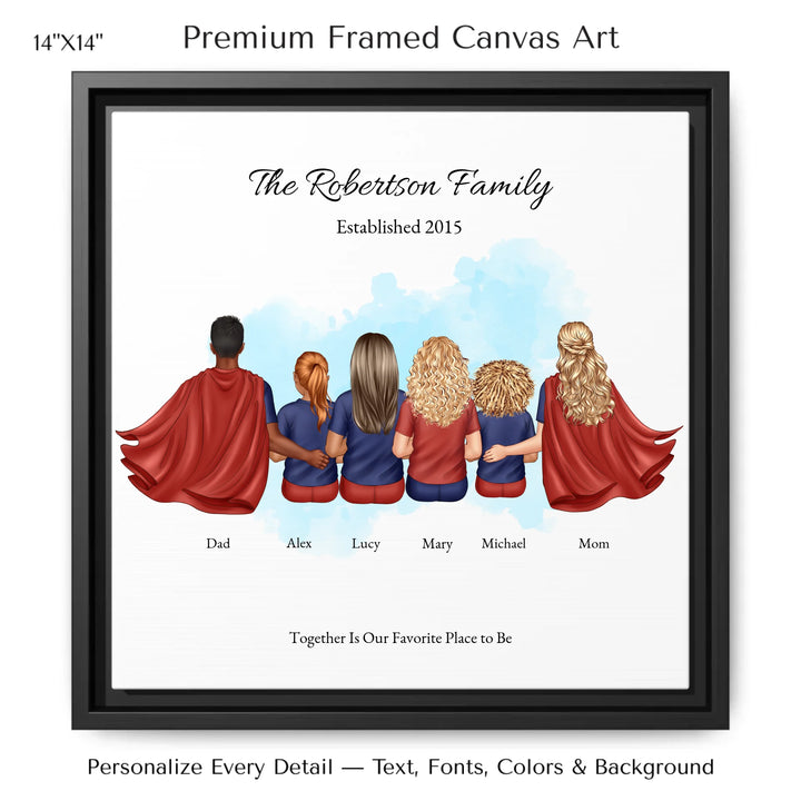 Illustrated superhero family portrait with 1 to 4 children, personalized outfits, skin tones, and watercolor background – custom wall art gift -14x14 framed canvas-ARTFULANE
