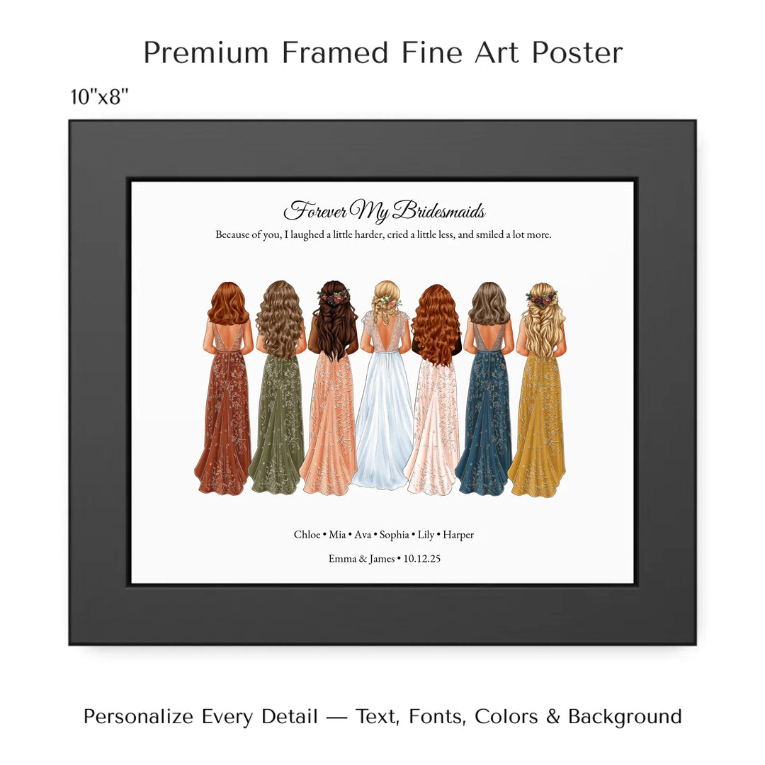 Custom bridesmaid wall art featuring bride with 6 bridesmaids in elegant dresses – personalized names and wedding date included -10x8 framed poster-ARTFULANE