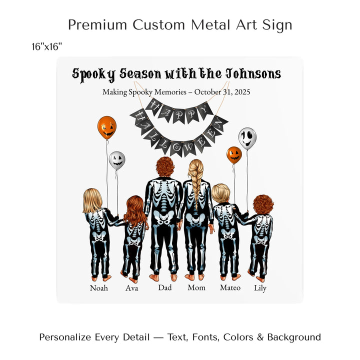 Custom Halloween family portrait wall art featuring parents and kids in skeleton costumes with balloons and Happy Halloween banner - 16x16 metal art sign-ARTFULANE