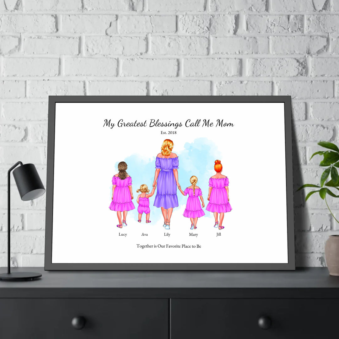 Illustrated custom portrait of mom with 1 to 4 daughters, personalized skin tones and outfits, watercolor background -framed poster on table-ARTFULANE