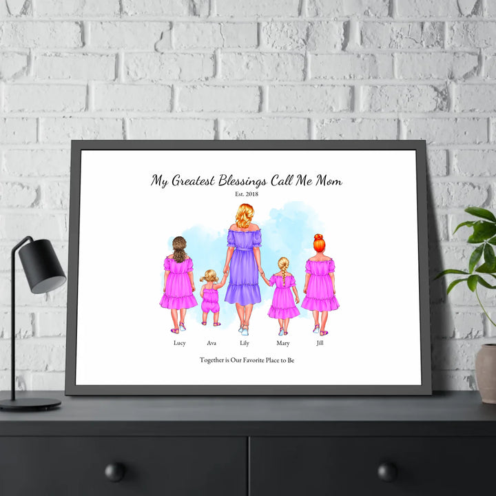Illustrated custom portrait of mom with 1 to 4 daughters, personalized skin tones and outfits, watercolor background -framed poster on table-ARTFULANE