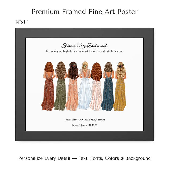 Custom bridesmaid wall art featuring bride with 6 bridesmaids in elegant dresses – personalized names and wedding date included -14x11 framed poster-ARTFULANE