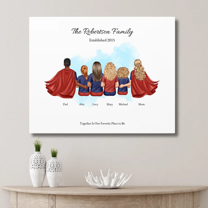 Illustrated superhero family portrait with 1 to 4 children, personalized outfits, skin tones, and watercolor background – custom wall art gift -unframed canvas on wall-ARTFULANE
