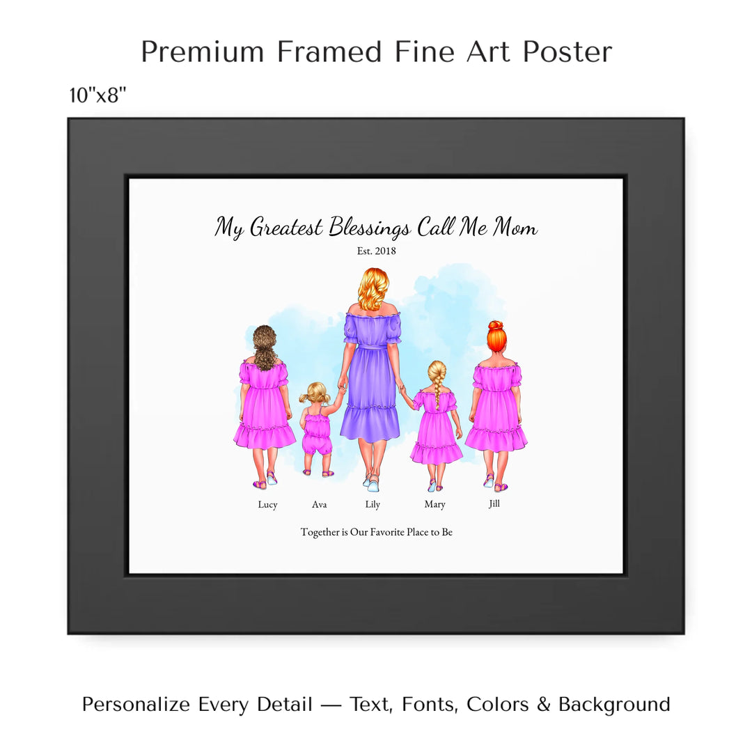 Illustrated custom portrait of mom with 1 to 4 daughters, personalized skin tones and outfits, watercolor background -10x8 framed poster-ARTFULANE